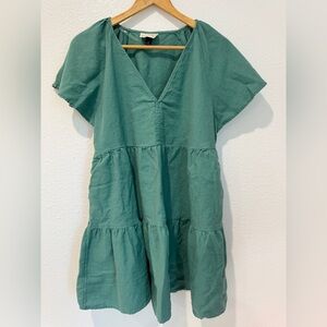 Green Tiered Baby Doll Mini Dress Linen Blend Oversized V Neck Short Sleeve M